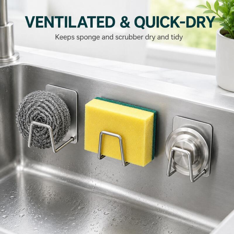 Kitchen Zo - Self-Adhesive Stainless Steel Sponge Holder, No-Drill